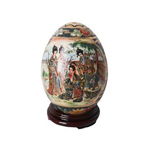 Vintage Satsuma Geisha 5 3/4" Porcelain Egg With Wood Stand